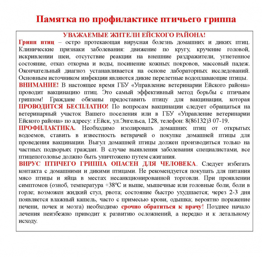Памятка по профилактике птичьего гриппа